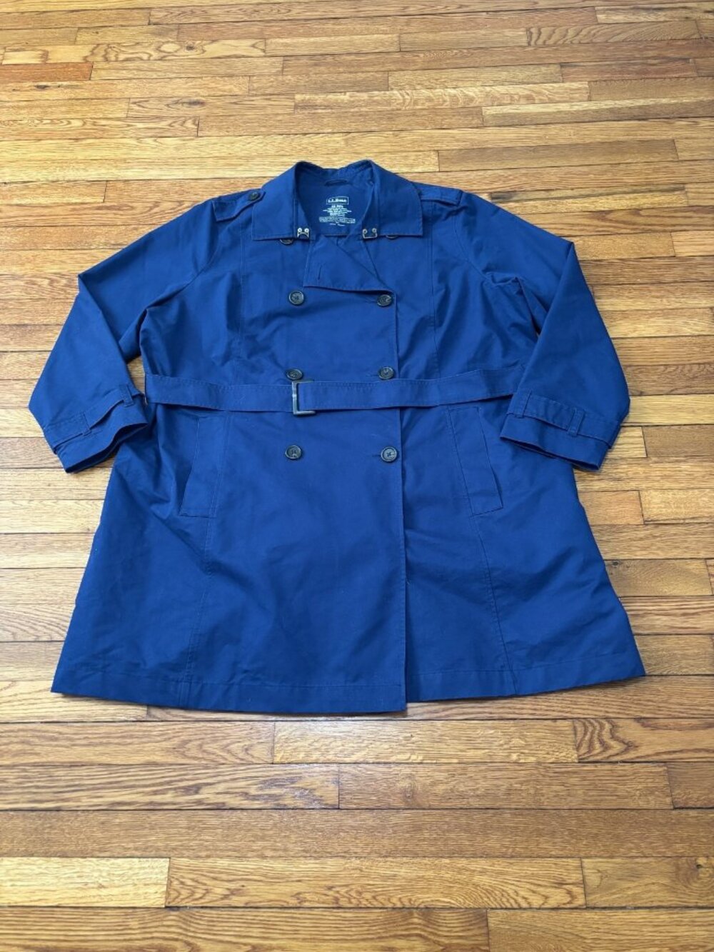 LL Bean Womens Trench Overcoat Plus Sz 3X Blue Double Breasted Belted Jacket